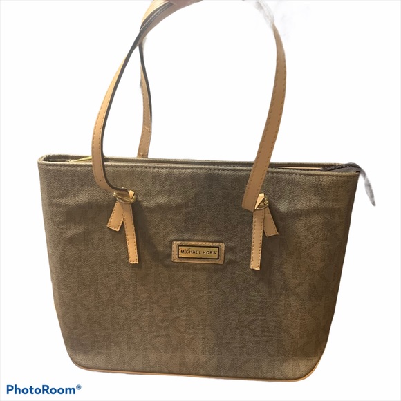 MICHAEL KORS BROWN CREAM TOTE LARGE LOGO BAG PURSE - Picture 8 of 14